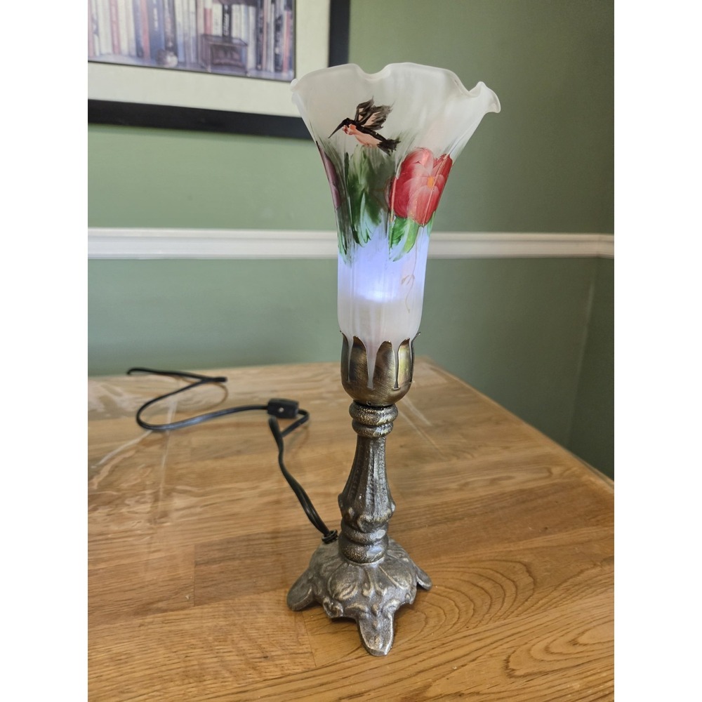 Vintage Lily Lamp Hummingbird Flowers Hand Painted Single Frosted Glass Fluted